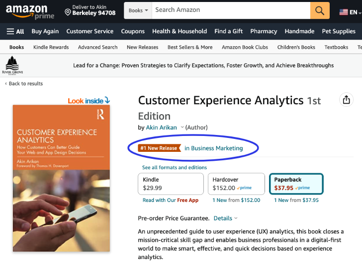 Amazon best seller in Business Marketing, new releases: Customer Experience Analytics